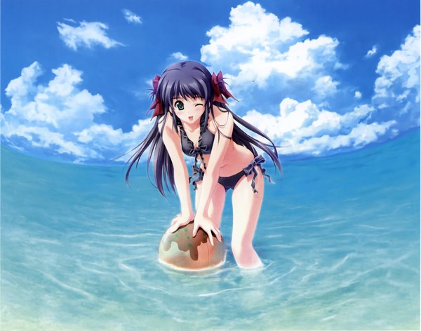 Anime picture 2142x1687 with cartagra highres black hair green eyes cloud (clouds) one eye closed wink swimsuit ball