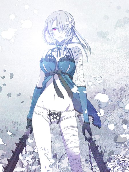 Anime picture 1000x1333 with nier kaine (nier) yuuki kira single tall image fringe breasts light erotic standing purple eyes holding silver hair braid (braids) hair flower light smile hair over one eye single braid pale skin dual wielding girl