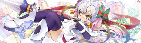 Anime picture 1800x554 with fate (series) fate/grand order jeanne d'arc (fate) (all) jeanne d'arc alter santa lily (fate) krokobyaka single long hair looking at viewer blush fringe light erotic simple background hair between eyes wide image signed yellow eyes pink hair silver hair ahoge multicolored hair