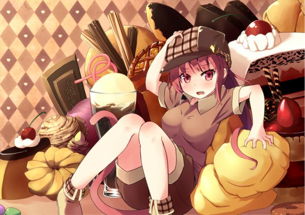 Anime picture 1405x993 with original mazeshi single long hair looking at viewer blush open mouth red eyes red hair girl food shorts sweets cake flat cap