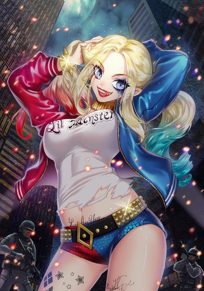 Anime picture 700x1000 with batman suicide squad dc comics harley queen guozi li long hair tall image looking at viewer breasts open mouth light erotic blonde hair smile standing twintails blue hair red hair multicolored hair inscription night