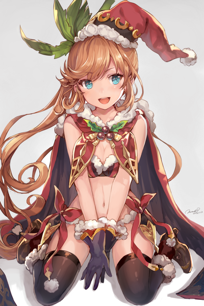 Anime picture 600x900 with granblue fantasy clarisse (granblue fantasy) momoko (momopoco) single long hair tall image blush fringe breasts open mouth light erotic smile sitting signed payot looking away head tilt :d hair flower aqua eyes