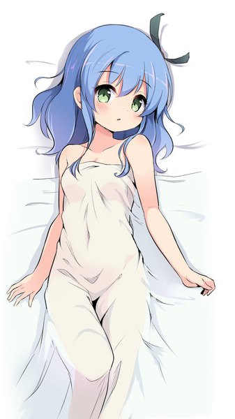 Anime picture 755x1344 with pokemon pokemon xy nintendo blanche (pokemon anime) nekono rin single long hair tall image looking at viewer blush fringe open mouth light erotic hair between eyes green eyes blue hair lying from above on back under covers