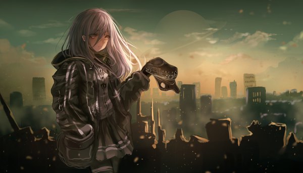 Anime-Bild 3500x2000 mit original cotn7806 single long hair looking at viewer fringe highres hair between eyes wide image standing holding brown eyes outdoors grey hair open jacket hand in pocket hat removed headwear removed unzipped destruction