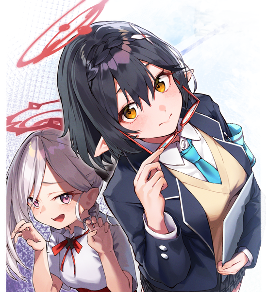 Anime picture 1271x1392 with blue archive mutsuki (blue archive) ayane (blue archive) black cola long hair tall image looking at viewer fringe short hair open mouth black hair hair between eyes purple eyes multiple girls yellow eyes silver hair from above pointy ears claw pose eyewear removed