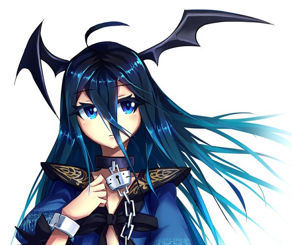 Anime picture 1186x1000 with s4 league pixiv ophelia (s4 league) single long hair fringe blue eyes simple background hair between eyes white background blue hair looking away ahoge head wings girl dress wings chain blue dress shackles