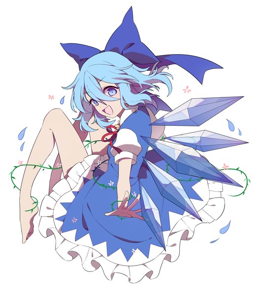 Anime picture 2095x2347 with touhou cirno tanned cirno gla single tall image looking at viewer fringe highres short hair open mouth blue eyes simple background smile hair between eyes white background blue hair full body bent knee (knees) :d
