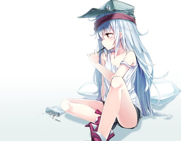 Anime picture 1385x1080 with girls frontline g11 (girls frontline) darnell single long hair blush fringe light erotic simple background hair between eyes white background sitting brown eyes payot looking away silver hair full body ahoge bent knee (knees) profile