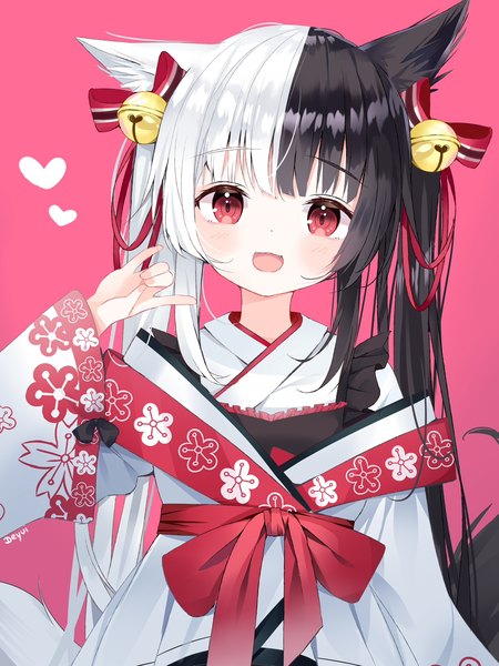 Anime picture 1069x1425 with virtual youtuber alice mana channel alice mana deyui single long hair tall image looking at viewer open mouth black hair simple background red eyes animal ears upper body white hair head tilt :d multicolored hair two-tone hair fox ears