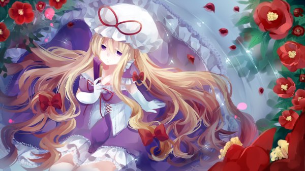 Anime picture 1200x675 with touhou yakumo yukari filiananna nanna single long hair blonde hair wide image purple eyes girl dress gloves flower (flowers) bow hair bow bonnet