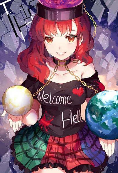 Anime picture 681x1000 with touhou hecatia lapislazuli hillly (maiwetea) single long hair tall image looking at viewer fringe smile red eyes bare shoulders red hair plaid skirt girl skirt hat chain collar t-shirt planet