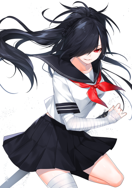 Anime picture 900x1275 with original waka (shark waka) single long hair tall image looking at viewer fringe breasts black hair simple background smile red eyes white background holding ahoge bent knee (knees) braid (braids) pleated skirt hair over one eye short sleeves