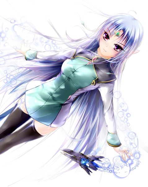 Anime picture 2555x3213 with seikai no senki lafiel garyljq single long hair tall image looking at viewer highres white background purple eyes blue hair zettai ryouiki girl thighhighs hair ornament black thighhighs bubble (bubbles) suit