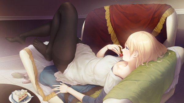Anime picture 1200x675 with original f-cla single short hair blue eyes blonde hair wide image barefoot eating girl pantyhose food sweets couch berry (berries) cake strawberry plate