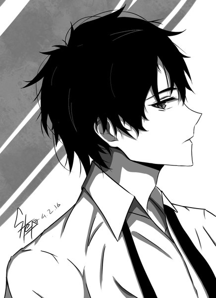 Anime picture 1570x2160 with original tagme (artist) single tall image looking at viewer fringe short hair black hair simple background signed ahoge head tilt profile grey eyes dated monochrome portrait messy hair boy shirt