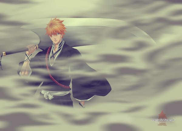 Anime picture 1500x1084 with bleach studio pierrot kurosaki ichigo ioshik single short hair brown eyes japanese clothes orange hair coloring smoke boy weapon belt kimono chain huge weapon huge sword