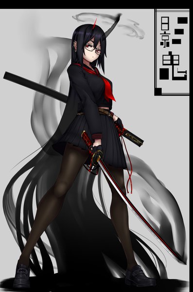 Anime picture 2289x3453 with original haiiro gundan single tall image looking at viewer fringe highres breasts black hair simple background hair between eyes red eyes standing holding full body long sleeves very long hair pleated skirt horn (horns) grey background