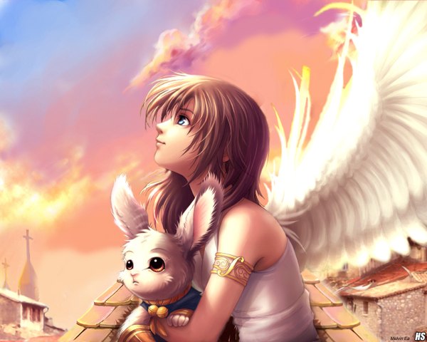 Anime picture 1280x1024 with original simosi single long hair blue eyes smile brown hair sky profile hug evening sunset looking up angel soft beauty girl animal wings