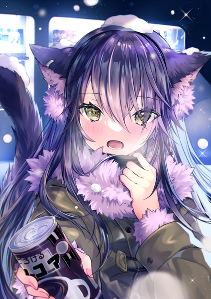 Anime picture 1447x2047 with original 07touka25 single long hair tall image looking at viewer blush fringe open mouth black hair animal ears yellow eyes upper body outdoors tail animal tail cat ears hair over one eye night sparkle