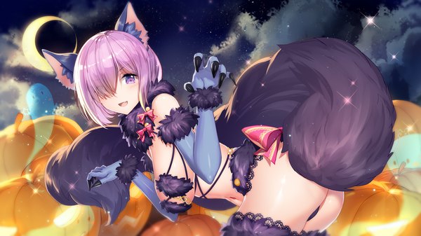 イラスト 1920x1080 と Fateシリーズ fate/grand order マシュ・キリエライト デンジャラス・ビースト Bison倉鼠 ソロ カメラ目線 赤面 前髪 highres 短い髪 おっぱい 開いた口 light erotic 笑顔 wide image 大きな乳房 紫目 獣耳 ピンク髪