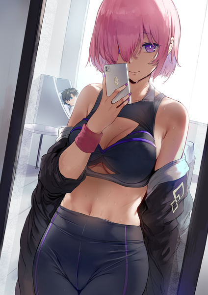 Anime picture 3720x5262 with fate (series) fate/grand order mash kyrielight fujimaru ritsuka (male) hews tall image looking at viewer fringe highres short hair breasts blue eyes light erotic black hair smile large breasts standing purple eyes bare shoulders holding