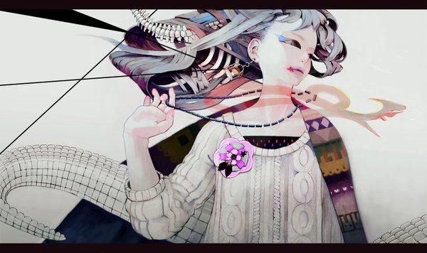 Anime picture 1623x965 with original negi (artist) single long hair black hair wide image tail black eyes bone (bones) girl flower (flowers) ribbon (ribbons) earrings blood sweater necklace brooch shawl cage
