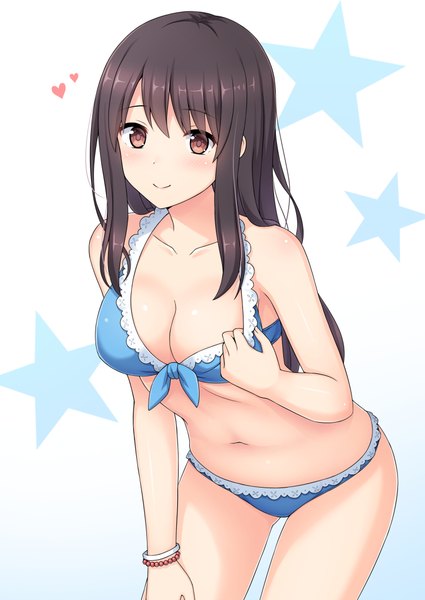 Anime picture 752x1062 with original nakamura sumikage single long hair tall image looking at viewer blush fringe breasts light erotic simple background smile hair between eyes brown hair standing bare shoulders brown eyes payot cleavage bare legs