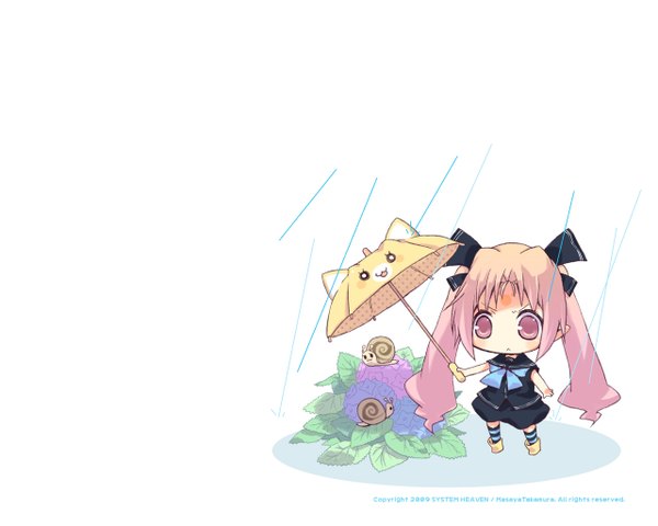 Anime picture 1280x1024 with original white background twintails pink hair rain chibi umbrella takamura masaya