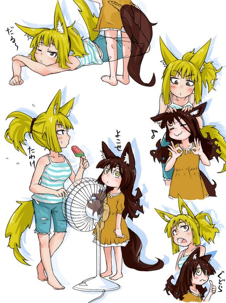 Anime picture 1681x2252 with original doitsuken long hair tall image fringe blonde hair brown hair brown eyes animal ears yellow eyes ponytail tail animal tail barefoot fox ears fox tail fox girl kemonomimi mode multiple persona girl