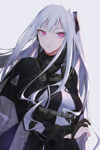 Anime picture 805x1208 with girls frontline ak-12 (girls frontline) qb 516 single long hair tall image looking at viewer fringe simple background silver hair upper body braid (braids) parted lips pink eyes floating hair girl gloves uniform mask military uniform