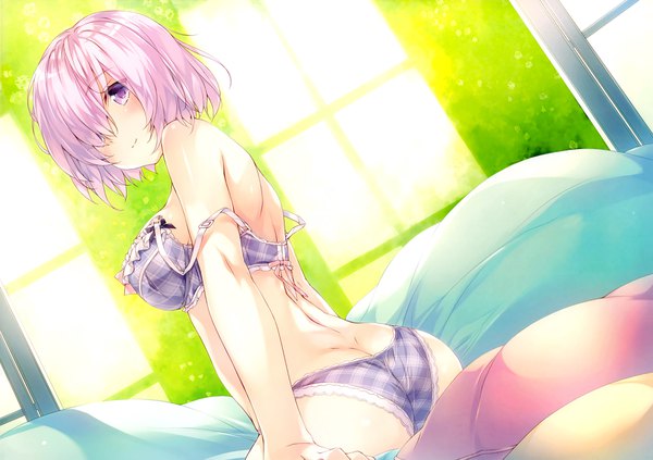 Anime-Bild 4304x3039 mit fate (series) fate/grand order mash kyrielight amami mikihiro single looking at viewer blush fringe highres short hair breasts light erotic large breasts sitting purple eyes bare shoulders pink hair absurdres ass indoors