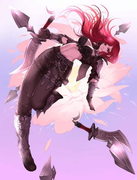 Anime picture 1130x1480 with league of legends katarina (league of legends) gu-ko citemer single long hair tall image looking at viewer fringe breasts light erotic smile red eyes holding red hair scar dual wielding girl gloves navel flower (flowers)