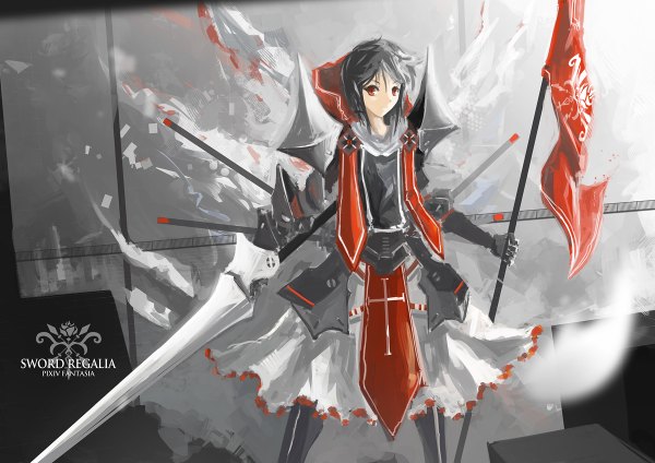 Anime picture 1200x848 with original pixiv fantasia pixiv pixiv fantasia sword regalia arufa (hourai-sugar) single long hair looking at viewer fringe black hair red eyes standing holding polychromatic girl dress gloves weapon sword boots