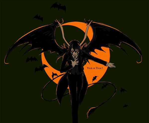 Anime picture 1000x833 with bleach studio pierrot ulquiorra schiffer tagme (artist) looking at viewer short hair black hair simple background yellow eyes tail horn (horns) inscription alternate costume outstretched arm hand on chest pale skin bat wings crescent face paint espada