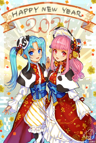 Anime picture 1378x2039 with original sangatsu (mitsuki358) long hair tall image open mouth blue eyes twintails multiple girls payot blue hair pink hair :d pink eyes new year hands clasped animal print happy new year 2021 cow print girl