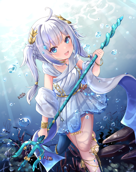 Anime picture 2300x2900 with virtual youtuber hololive hololive english gawr gura gawr gura (3rd costume) nekopurin (nyanko prin) single long hair tall image looking at viewer highres open mouth blue eyes twintails silver hair ahoge :d teeth official alternate costume underwater