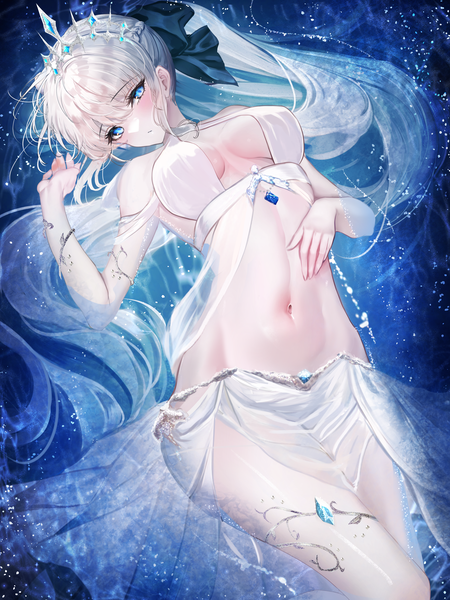 Anime picture 3100x4130 with fate (series) fate/grand order morgan le fay (fate) chiachun0621 single tall image looking at viewer blush fringe highres breasts blue eyes light erotic hair between eyes large breasts payot absurdres silver hair ponytail lying