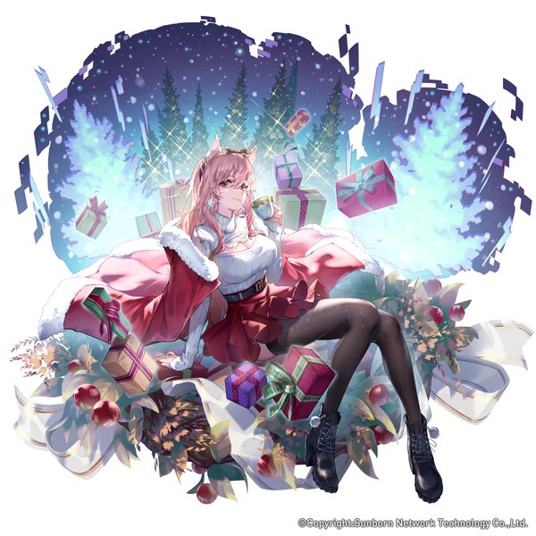 Anime picture 1300x1300 with girls frontline girls' frontline neural cloud persicaria (neural cloud) essual (layer world) single long hair fringe breasts hair between eyes red eyes large breasts sitting animal ears pink hair cleavage full body long sleeves cat ears official art high heels