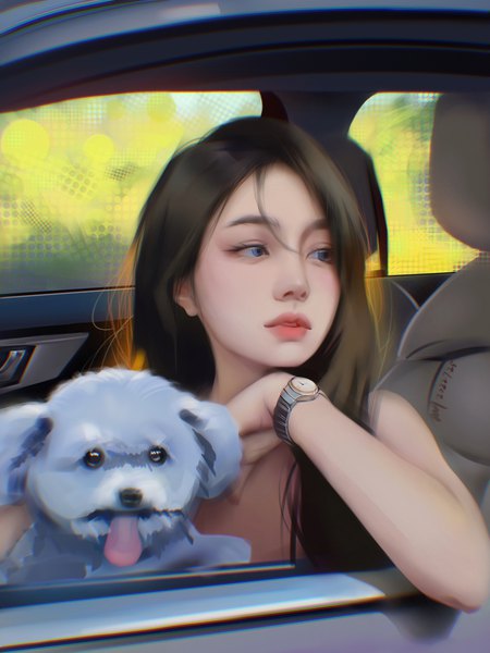 Anime picture 4500x6000 with original tagme (artist) single long hair tall image highres blue eyes brown hair looking away absurdres upper body lips realistic car interior girl animal clock ground vehicle dog car