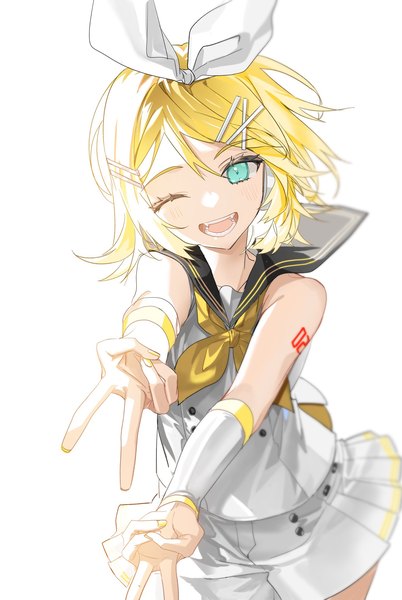 Anime picture 1322x1972 with vocaloid kagamine rin kagamine rin (vocaloid4) mona0101 single tall image looking at viewer short hair open mouth simple background blonde hair white background one eye closed aqua eyes wink victory ;d sailor collar girl hair ornament