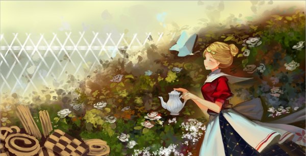 Anime picture 1455x743 with harvest moon aisling (pixiv) blush short hair blonde hair smile wide image eyes closed hair bun (hair buns) girl hair ornament flower (flowers) plant (plants) rose (roses) insect butterfly apron fence teapot
