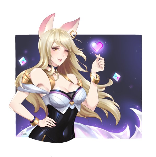 Anime picture 2480x2496 with league of legends k/da (league of legends) ahri (league of legends) k/da ahri pmolita single long hair tall image looking at viewer highres breasts light erotic blonde hair smile signed animal ears yellow eyes tail animal tail one eye closed