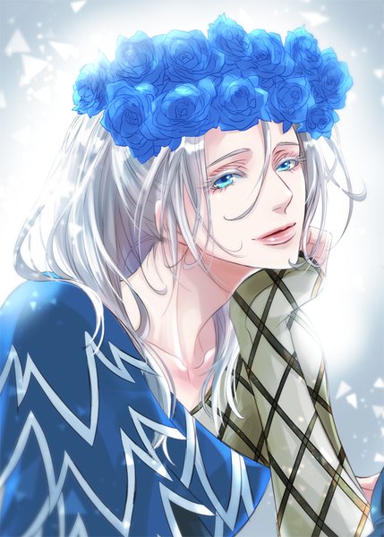 Anime picture 621x868 with yuri!!! on ice mappa viktor nikiforov ishida kaname single long hair tall image fringe blue eyes hair between eyes looking away silver hair upper body ponytail lips chin rest alternate age younger boy flower (flowers)