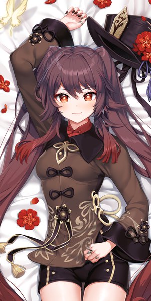 Anime picture 551x1100 with genshin impact hu tao (genshin impact) satchely single long hair tall image looking at viewer fringe hair between eyes red eyes brown hair twintails lying nail polish traditional clothes light smile on back symbol-shaped pupils chinese clothes black nail polish