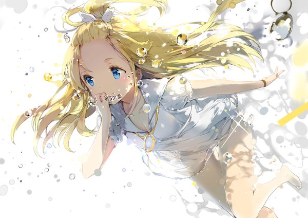 Anime picture 1228x868 with original anmi single long hair blush blue eyes blonde hair smile looking away barefoot sunlight bare legs no shoes puffy sleeves underwater white wings girl hair ornament wings water