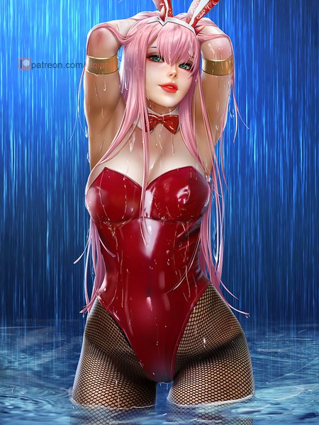 Anime picture 768x1024 with darling in the franxx studio trigger zero two (darling in the franxx) yi qiang single long hair tall image looking at viewer blush fringe breasts light erotic hair between eyes large breasts green eyes animal ears pink hair parted lips horn (horns) realistic