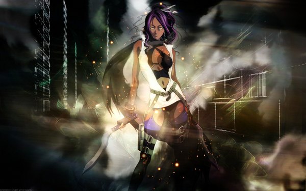 Anime picture 1680x1050 with bleach studio pierrot shihouin yoruichi single long hair highres light erotic wide image yellow eyes purple hair ponytail girl weapon