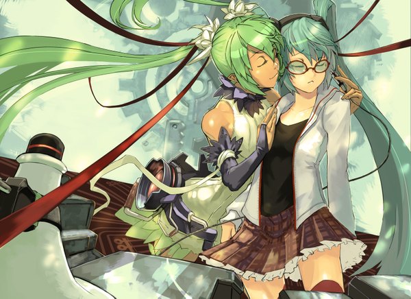 Anime picture 1500x1091 with vocaloid vocaloid append kocchi muite baby (vocaloid) hatsune miku hatsune miku (append) bigegg (artist) long hair twintails multiple girls eyes closed green hair aqua hair girl skirt ribbon (ribbons) 2 girls miniskirt glasses wire (wires)