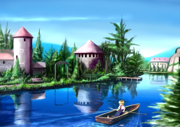 Anime picture 1500x1060 with touhou alice margatroid shanghai abchipika short hair blonde hair reflection landscape girl plant (plants) tree (trees) water building (buildings) doll (dolls) watercraft boat