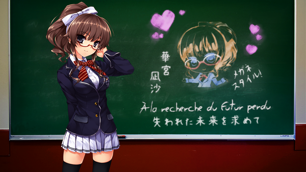 Anime picture 1920x1080 with ushinawareta mirai wo motomete hanamiya nagisa misaki kurehito single long hair highres smile brown hair wide image ponytail black eyes girl thighhighs skirt uniform bow hair bow school uniform miniskirt shirt